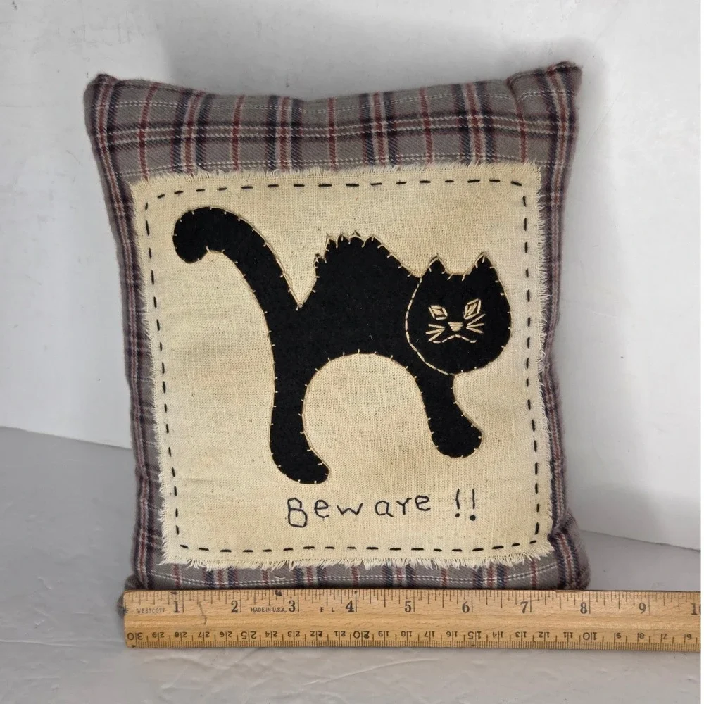 Primitive Halloween Black Cat Beware Plaid Decorative Pillow Folk Art Decor